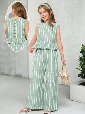 A Two-Piece Set for Girls Featuring a Sleeveless Striped Top And Straight-Leg Pants, Perfect for Summer Leisure Activities, for Outdoor