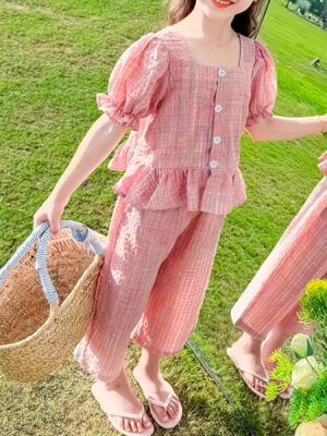 Girls' 2pcs Summer Outfit Set 2025 New Style, Kids' Mosquito-Proof Wide-Leg Pants, Trendy Summer Outdoor Clothes for Influencer Girls, Perfect for Outdoor