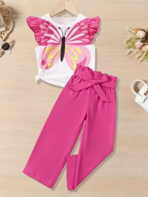 Girls' Puff Sleeve Butterfly Print Short Sleeve Top And Pink Ultra-Loose Long Pants Fashion Outfit, for Outdoor