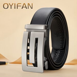 Oyifan High-end Business Men's Cowhide Formal Belt, Automatic Ratchet Buckle, Business Formal Occasions, Daily Wear, Suit Clothing, Adjustable Strap, Comfortable, Durable, Stylish Accessory.