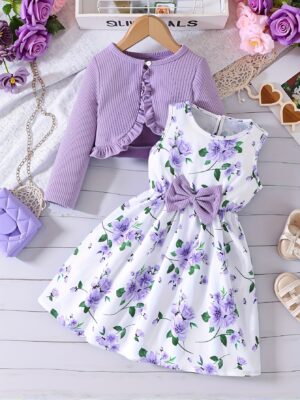 Girls' Clothing for Spring, Summer, And Autumn Featuring a Cardigan And a Print Dress, Perfect for Back-To-School Season And Stylish Campus Outfits in a Two-Piece Set