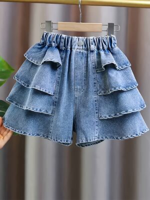 Girls' Summer Fashion Versatile Ruffle-trim Denim Shorts, Comfortable Lightweight Vacation Beach Denim Shorts, Casual Daily Shorts, Cute Girls' Shorts, Holiday Style Shorts, Must-have for Back-to-school Season, Elastic Waist for Comfortable Wear