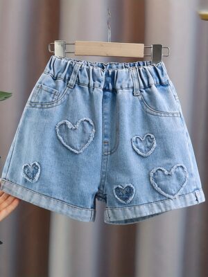 product-fancy-c1de38b0-48f8-4427-becf-11b730109fe8 Girls Love Heart-Patterned Denim Shorts in Summer, Rolled-Up Denim Shorts, Denim Hot Pants, Casual Everyday Shorts, Cute Shorts for Girls, Festive Shorts, Must-Have Shorts for Back-To-School Season, Comfortable Elastic Waistband