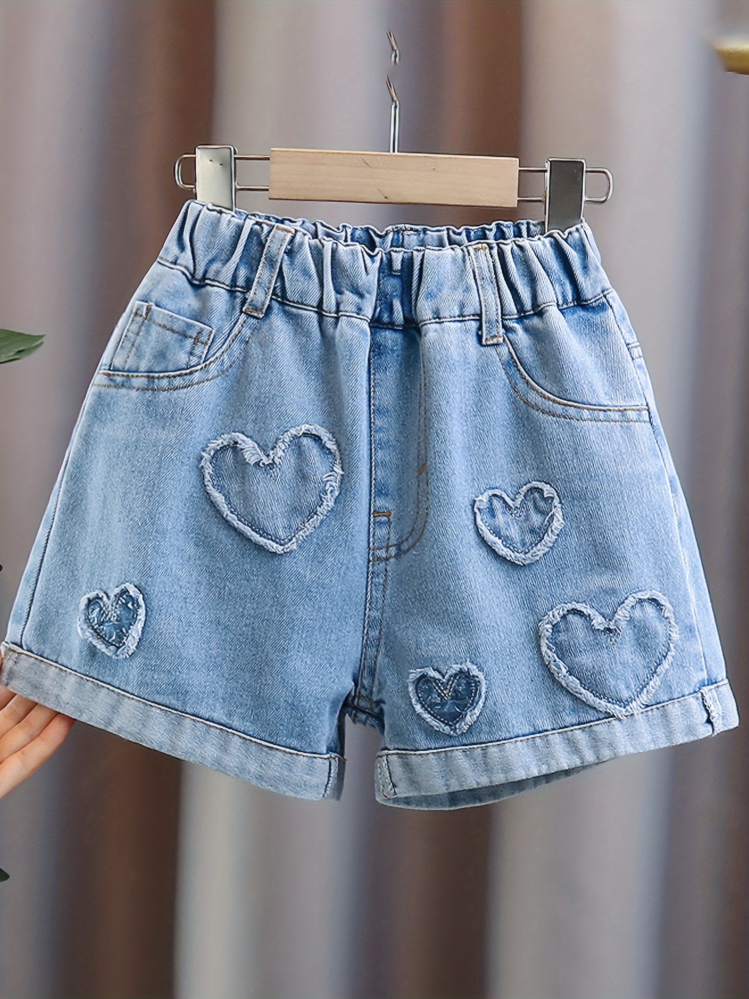 Girls Love Heart-Patterned Denim Shorts in Summer, Rolled-Up Denim Shorts, Denim Hot Pants, Casual Everyday Shorts, Cute Shorts for Girls, Festive Shorts, Must-Have Shorts for Back-To-School Season, Comfortable Elastic Waistband