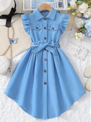 product-fancy-e1f1851f-2668-41ac-bcec-a8c54125a67f Summer Ice Fiber Fabric Faux Denim Small Flying Sleeve Lapel Shirt Dress + Belt, Shirt Button Placket Design, Irregular And Elegant Skirt, Very Suitable for Summer Outdoor Play, Camping Picnic, Daily Leisure Or Other Occasions