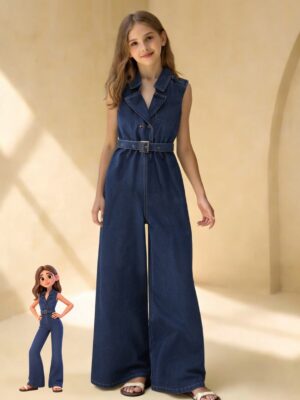 Girls' Fashion Solid Color Regular Turn- Collar Button Denim Sleeveless Belted Loose Jumpsuit Ankle-Length Denim Jumpsuit Summer Casual Girls' Jumpsuit, for Outdoor