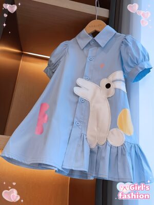 Summer Dress for Girls with a School Style, Featuring a Collared Shirt Design And Embroidered Bunnies