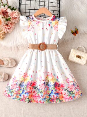 A Young Dreamy Floral Print Princess Dress, Featuring Flutter Sleeves And a Casual Design with a Belt