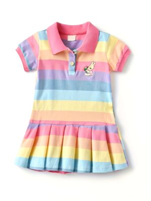 Girls' New Summer Striped Rabbit Embroidery Short Sleeve Dress