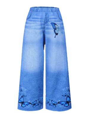 product-fmket-00765aedecfe47219d349e8b3b23b506 1pc Girls' Imitation Denim Wide-Leg Pants with Dynamic Butterfly Pattern Digital Placement Print, Faux Pockets, Comfortable and Soft Fabric, Novel and Unique Style Design, the First Choice for Girls' Outdoor Outfits, Perfect for Outdoor