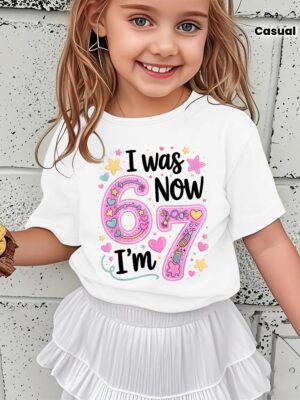 Girls' Summer Short Sleeve T-Shirt with "I WAS NOW" Lettering & Star/Heart Applique - Short Sleeve Round Neck Casual Blouse for, Casual Attire, Playdates & - Non- Summer Top NY-DX7704