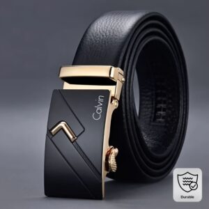 Calvin Men's Luxury Automatic Buckle Belt, Classic Black Style. Features an Alloy Buckle with PU Embossed Design, Adjustable and Versatile. Smooth, Wear-resistant, and Durable. Available in Extended Sizes, Suitable for Suits, Trousers