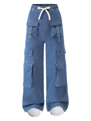 Youthful, Trendy, Casual, Elastic Waist Denim Work Pants for Outdoor Use, for Teenager