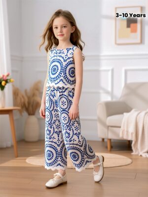 Girls' Casual Fashion Printed Vest and Long Pants 2pcs Set, Blue and White Floral Polka Dot Vest, Wide-Leg Pants with Lace Hem, Wavy Lace Trim Decoration, Summer Gift for Kids, Casual Outfit Suitable for Various Occasions, Perfect for Outdoor