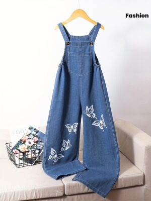 product-fmket-9d482f5b574523e5e8fa2a9391aff6c6 Fashionable Vintage Washed Denim Overalls for Girls, Suitable for Older Children in Spring, Summer, And Autumn, Featuring Trendy Butterfly Prints, for Outdoor