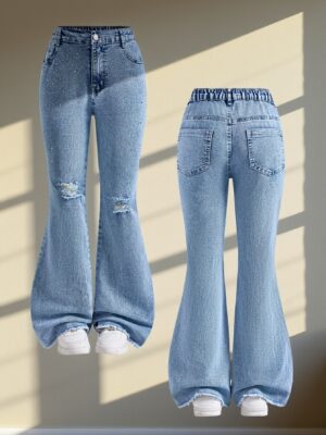 product-fmket-a07ad02472f32e2f7db32c8e99716422 Girls' Casual And Easy Washed Stretch Slim-Fit Flared Jeans. Light Blue Trendy And Versatile Jeans with Frayed Hems. Suitable for Wearing in All Seasons
