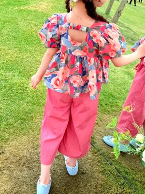 Girls' Summer Outfit Set 2025 New Style Girls' Outdoor Fashion Floral Print 2pcs Short Sleeve Wear Summer Clothes, for Outdoor