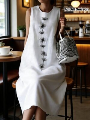 Elegant White Floral Print Long Tunic Dress | Crew Neck, Embroidered Detail, Perfect For All-Season And Casual To Vacation Wear