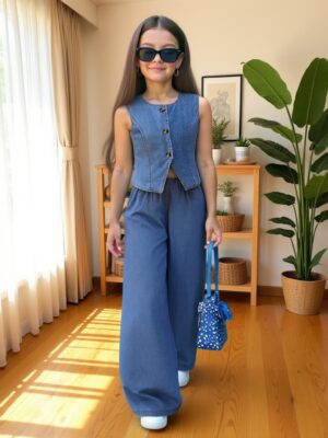 product-fmket-bc1e1bfaa9112d328065987260e1a378 Big Girl Fashion Regular Crew Neck Solid Color Button-Up Sleeveless Hem Irregular Design Denim Top And Loose Solid Color Denim Straight Wide Leg Pants Trousers Length Ankle Length Spring Summer Casual Girls' Denim Two-Piece Set, for Outdoor