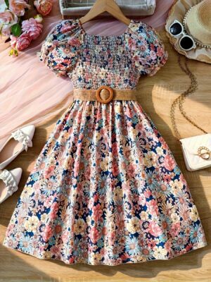 Girls' Puff Sleeve All-Over Floral Print Dress