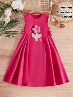 Summer New Arrival Pink Sleeveless Dress with Large Floral Applique & Bow, Korean Style Knee-Length Casual Dress for Girls, Cute and Stylish, Perfect for Outdoor